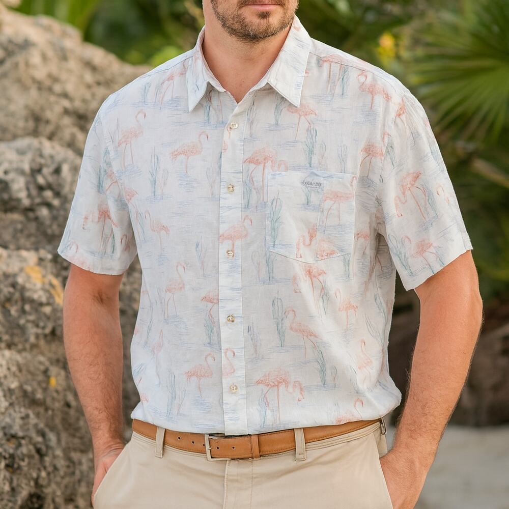 IZOD Saltwater Flamingo Button Down Shirt Men’s XL 100% Cotton Tropical